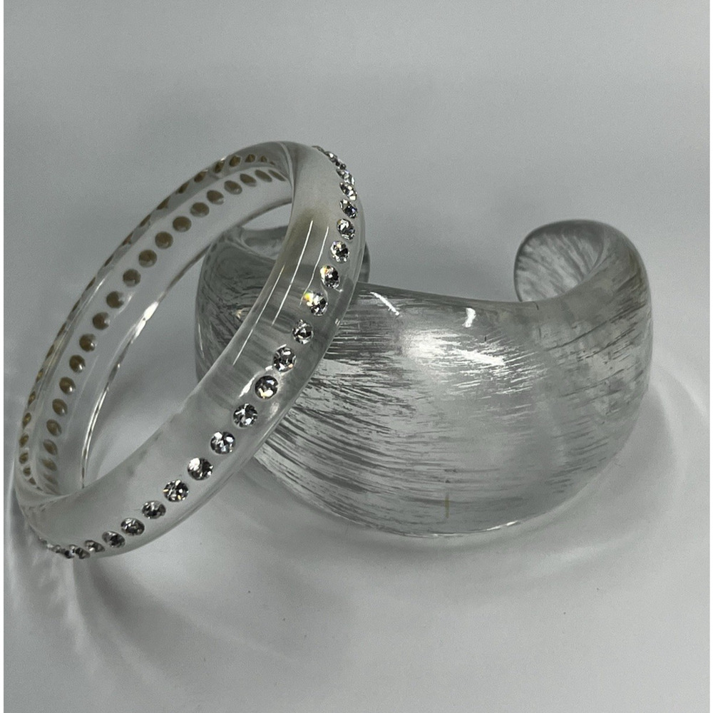 Acrylic Clear Molded Wide Chunky Cuff & Pave Rhinestone Clear Bangle Bracelet